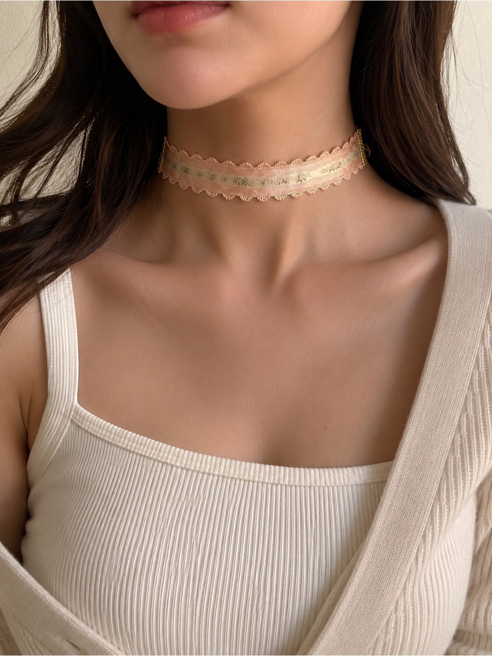 Pink floral fabric choker necklace